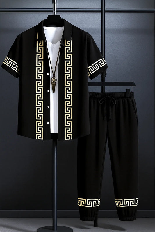 Black & Gold Greek Border Shirt & Pants Set – Luxury Short Sleeve Co-Ord Outfit