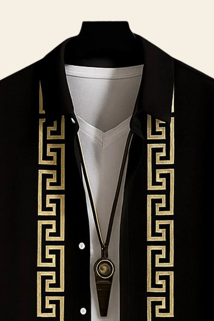 Black & Gold Greek Border Shirt & Pants Set – Luxury Short Sleeve Co-Ord Outfit