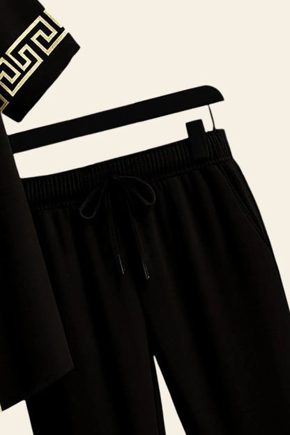Black & Gold Greek Border Shirt & Pants Set – Luxury Short Sleeve Co-Ord Outfit