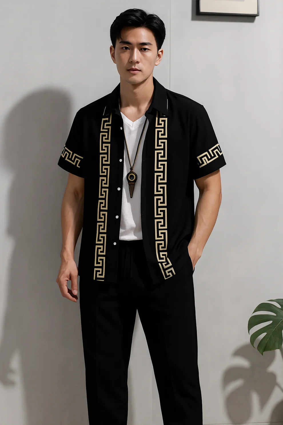 Black & Gold Greek Border Shirt & Pants Set – Luxury Short Sleeve Co-Ord Outfit