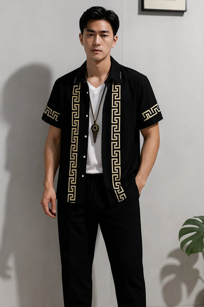 Black & Gold Greek Border Shirt & Pants Set – Luxury Short Sleeve Co-Ord Outfit