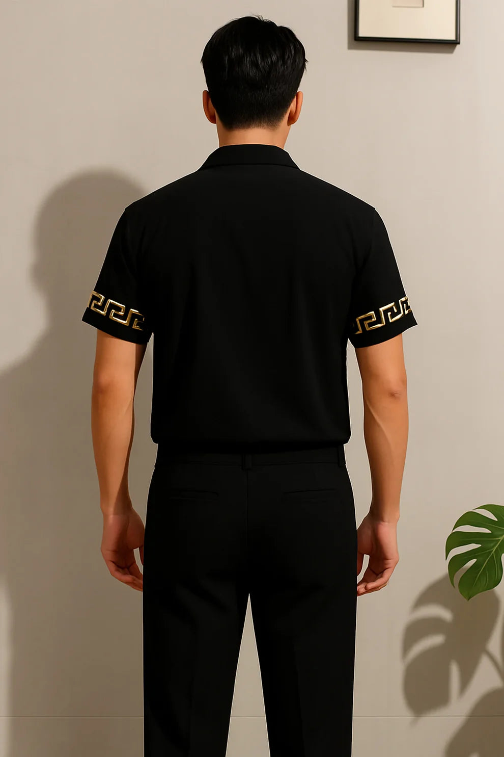 Black & Gold Greek Border Shirt & Pants Set – Luxury Short Sleeve Co-Ord Outfit