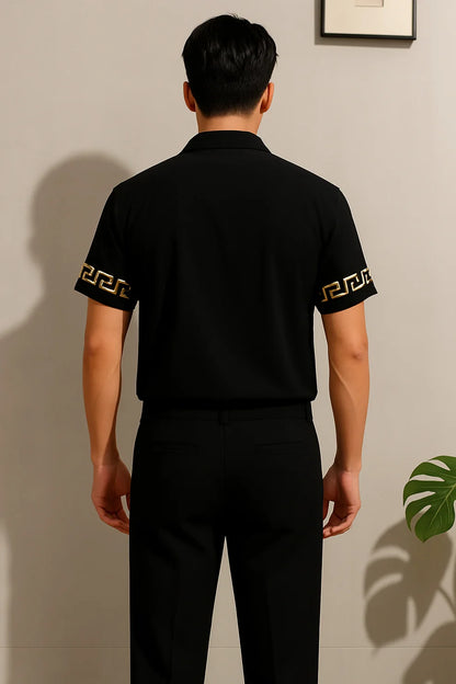 Black & Gold Greek Border Shirt & Pants Set – Luxury Short Sleeve Co-Ord Outfit
