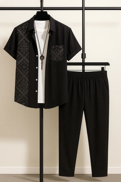 Black Patterned Panel Shirt & Black Jogger Pants Set – Modern Short Sleeve Co-Ord Outfit