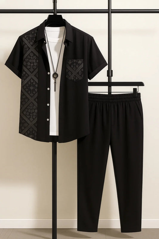 Black Patterned Panel Shirt & Black Jogger Pants Set – Modern Short Sleeve Co-Ord Outfit