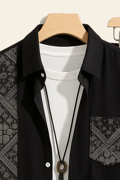 Black Patterned Panel Shirt & Black Jogger Pants Set – Modern Short Sleeve Co-Ord Outfit