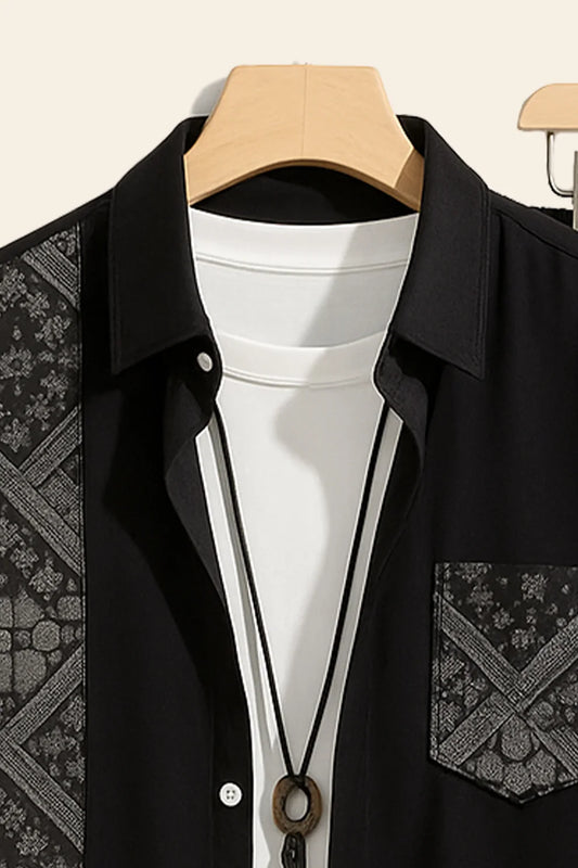 Black Patterned Panel Shirt & Black Jogger Pants Set – Modern Short Sleeve Co-Ord Outfit