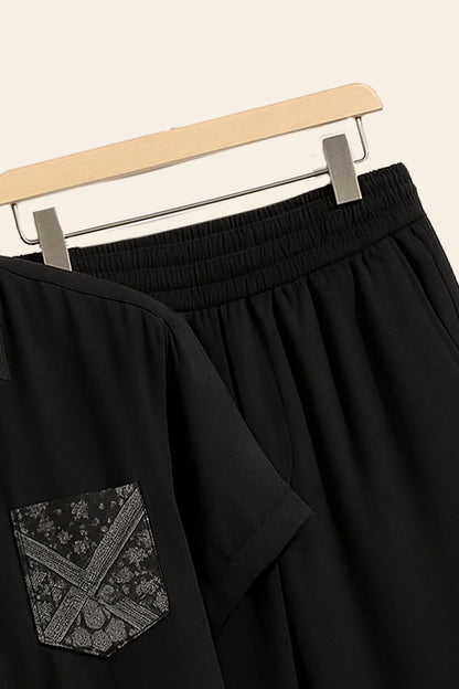 Black Patterned Panel Shirt & Black Jogger Pants Set – Modern Short Sleeve Co-Ord Outfit