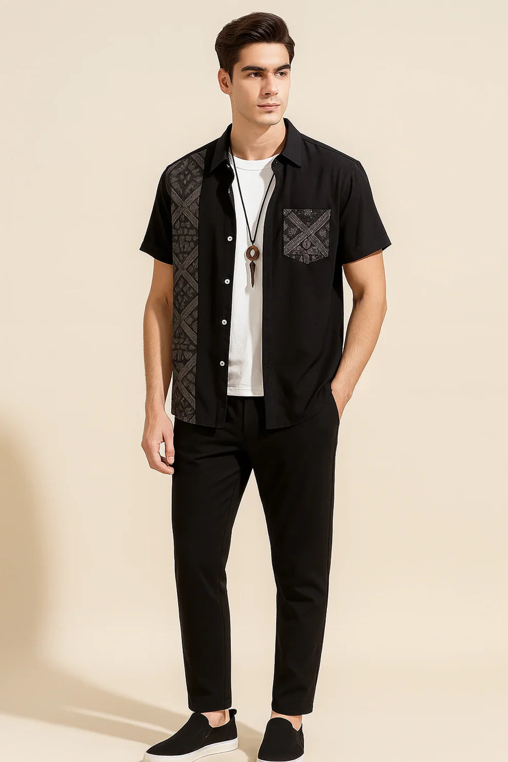 Black Patterned Panel Shirt & Black Jogger Pants Set – Modern Short Sleeve Co-Ord Outfit