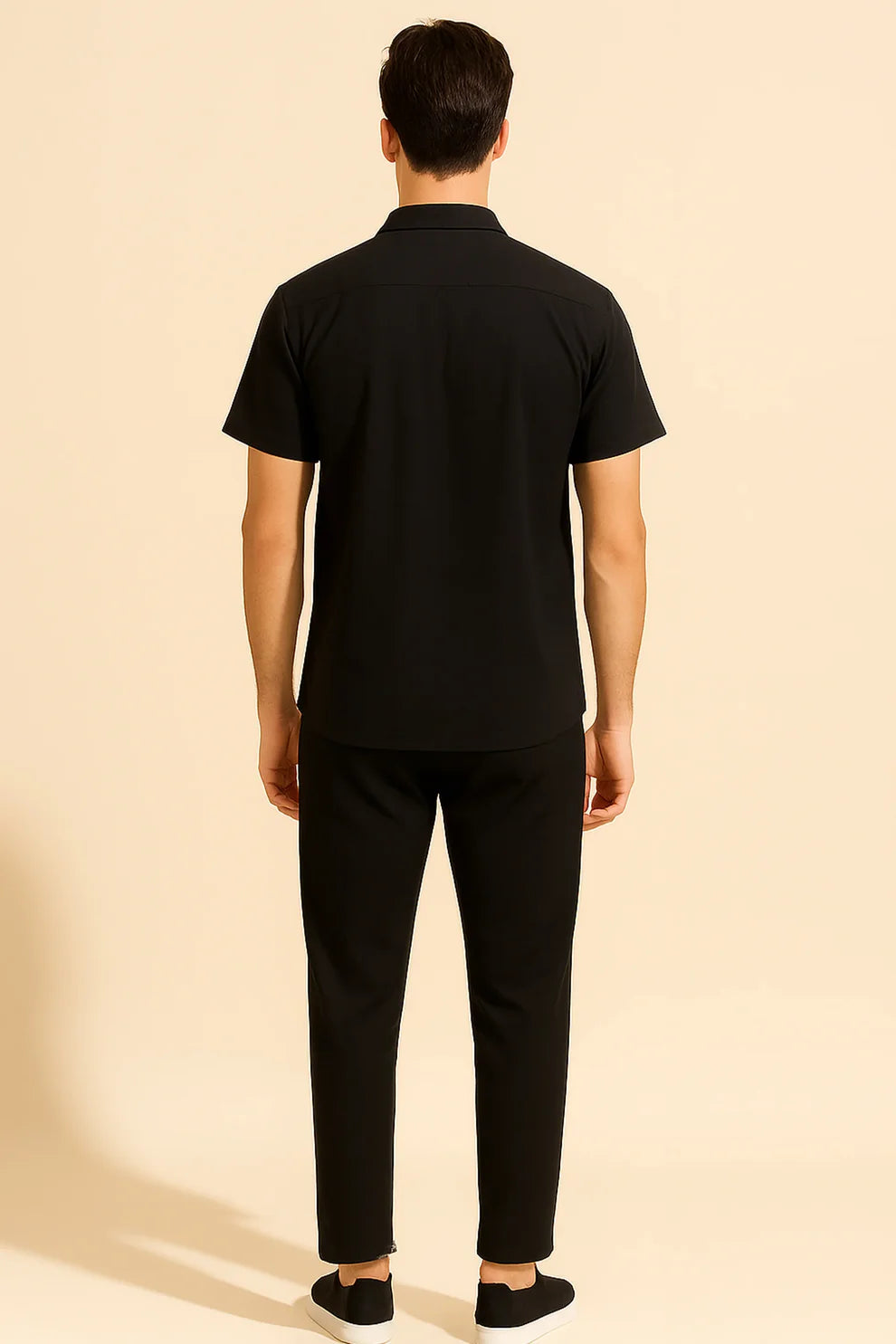 Black Patterned Panel Shirt & Black Jogger Pants Set – Modern Short Sleeve Co-Ord Outfit