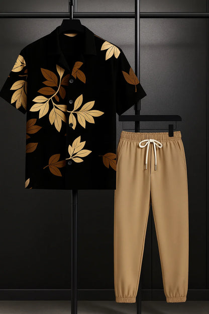 Black Leaf Print Shirt & Beige Jogger Pants Set – Botanical Short Sleeve Co-Ord Outfit