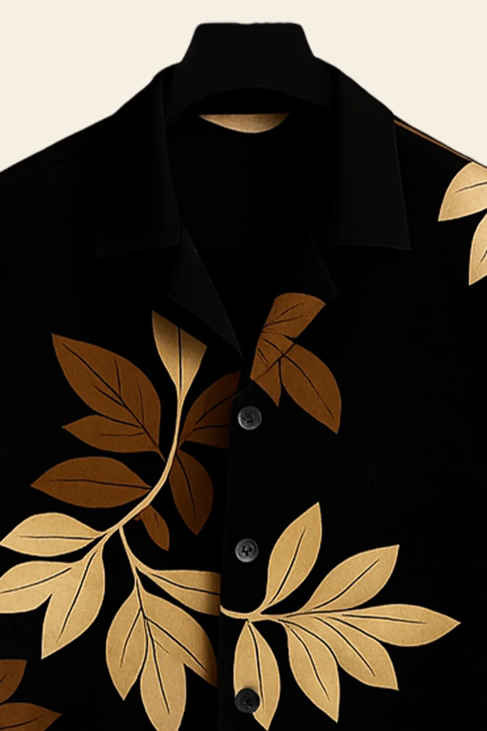 Black Leaf Print Shirt & Beige Jogger Pants Set – Botanical Short Sleeve Co-Ord Outfit