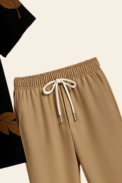 Black Leaf Print Shirt & Beige Jogger Pants Set – Botanical Short Sleeve Co-Ord Outfit