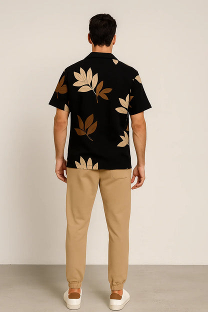 Black Leaf Print Shirt & Beige Jogger Pants Set – Botanical Short Sleeve Co-Ord Outfit