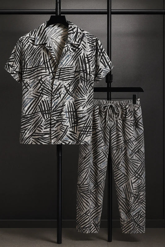 Black & Grey Abstract Scratch Print Shirt & Pants Set – Modern Short Sleeve Co-Ord Outfit