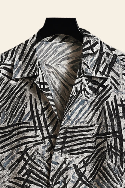 Black & Grey Abstract Scratch Print Shirt & Pants Set – Modern Short Sleeve Co-Ord Outfit