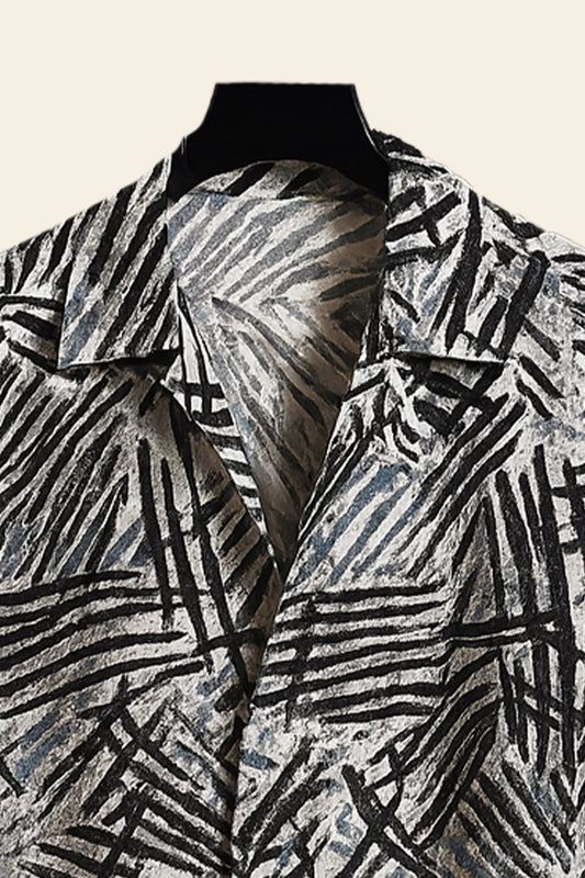Black & Grey Abstract Scratch Print Shirt & Pants Set – Modern Short Sleeve Co-Ord Outfit