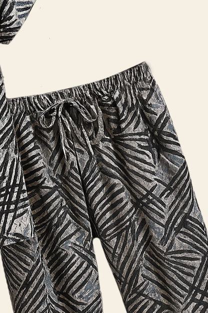 Black & Grey Abstract Scratch Print Shirt & Pants Set – Modern Short Sleeve Co-Ord Outfit