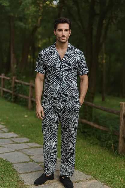 Black & Grey Abstract Scratch Print Shirt & Pants Set – Modern Short Sleeve Co-Ord Outfit