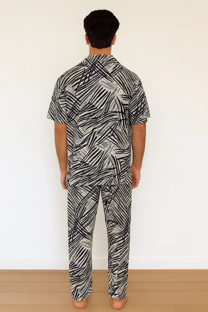 Black & Grey Abstract Scratch Print Shirt & Pants Set – Modern Short Sleeve Co-Ord Outfit