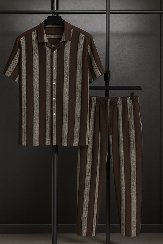 Brown Vertical Stripe Shirt with Matching Pants – Premium Casual Co-Ord Set