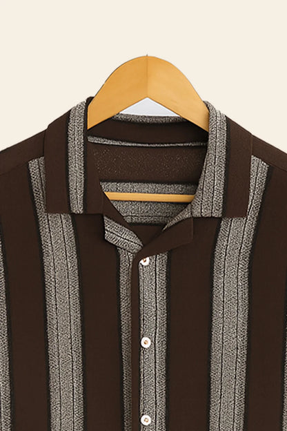 Brown Vertical Stripe Shirt with Matching Pants – Premium Casual Co-Ord Set
