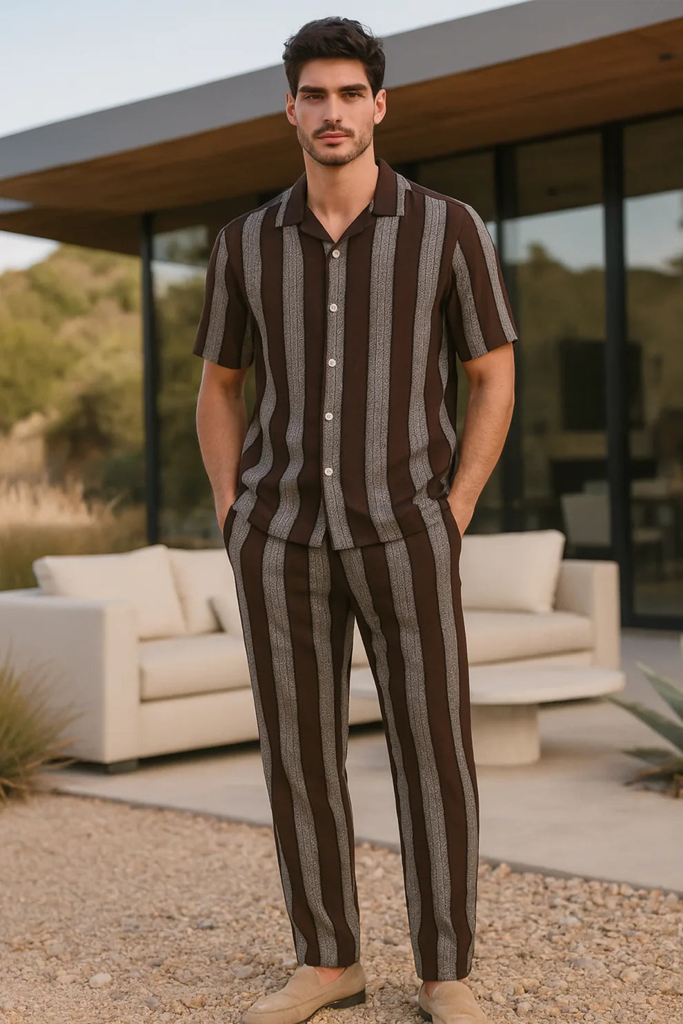 Brown Vertical Stripe Shirt with Matching Pants – Premium Casual Co-Ord Set