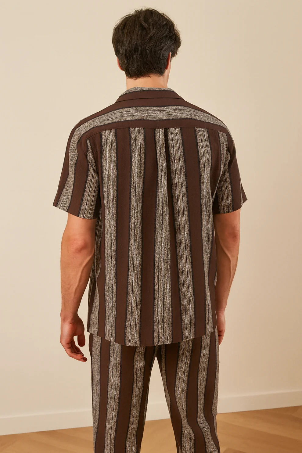 Brown Vertical Stripe Shirt with Matching Pants – Premium Casual Co-Ord Set