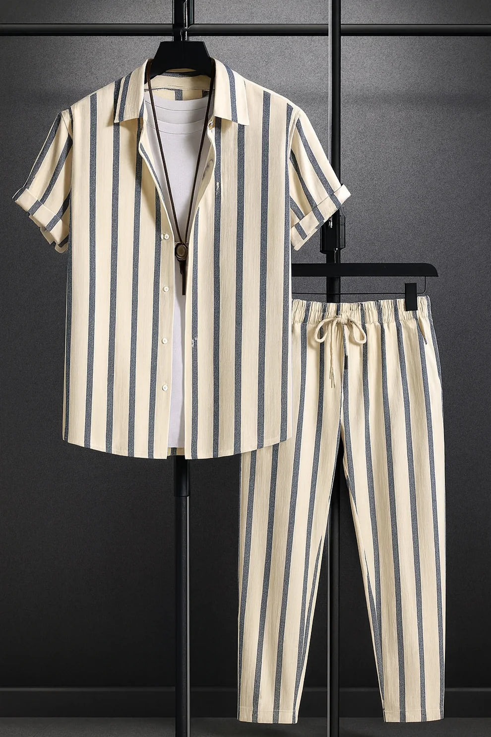 Cream Vertical Stripe Shirt with Matching Joggers – Premium Casual Co-Ord Set