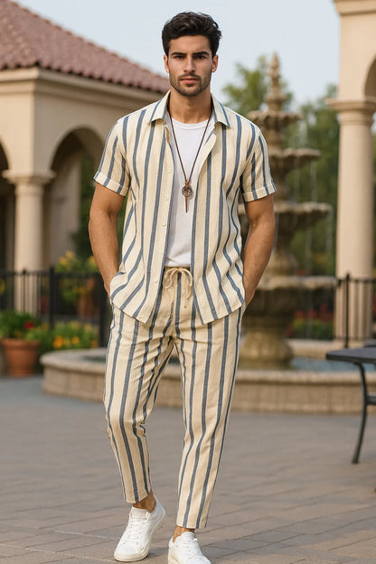 Cream Vertical Stripe Shirt with Matching Joggers – Premium Casual Co-Ord Set