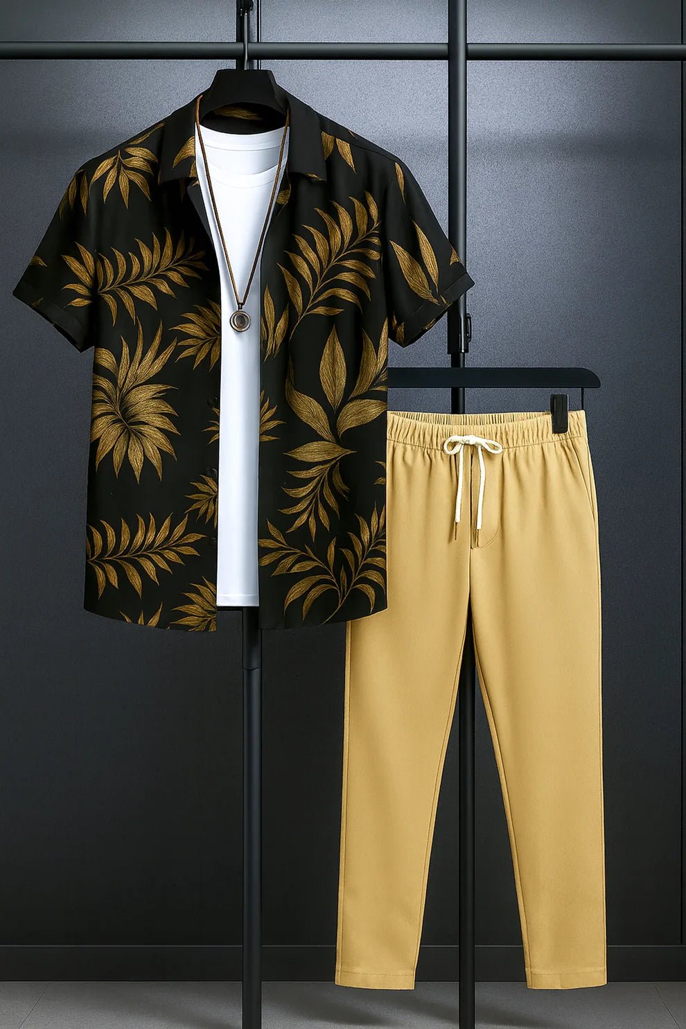 Black Golden Leaf Print Shirt with Mustard Joggers – Premium Casual Co-Ord Outfit Set