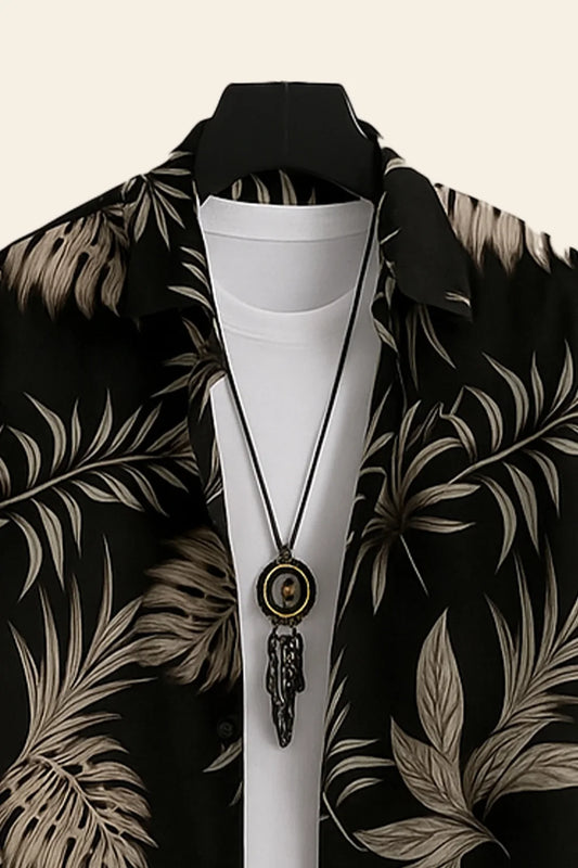 Black Golden Leaf Print Shirt with Mustard Joggers – Premium Casual Co-Ord Outfit Set