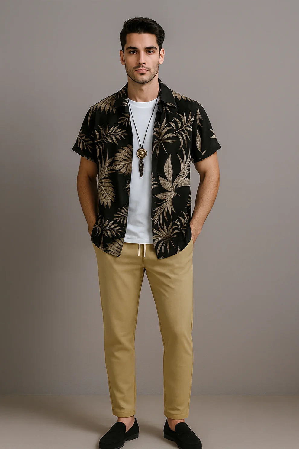 Black Golden Leaf Print Shirt with Mustard Joggers – Premium Casual Co-Ord Outfit Set