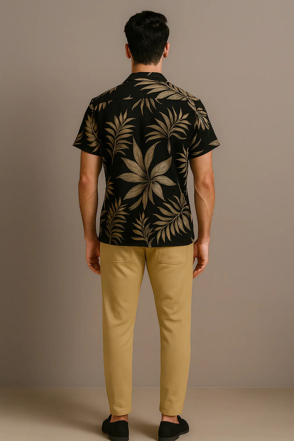 Black Golden Leaf Print Shirt with Mustard Joggers – Premium Casual Co-Ord Outfit Set