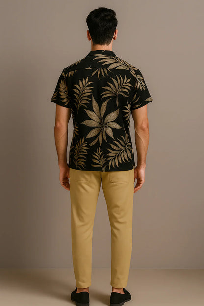 Black Golden Leaf Print Shirt with Mustard Joggers – Premium Casual Co-Ord Outfit Set