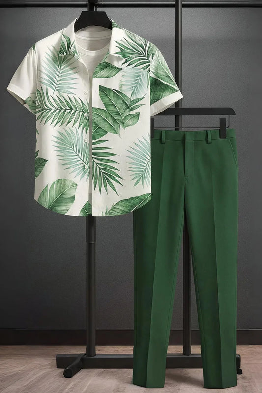 Green Tropical Leaf Printed Shirt with White T-Shirt & Green Pants – Premium Casual Outfit Set