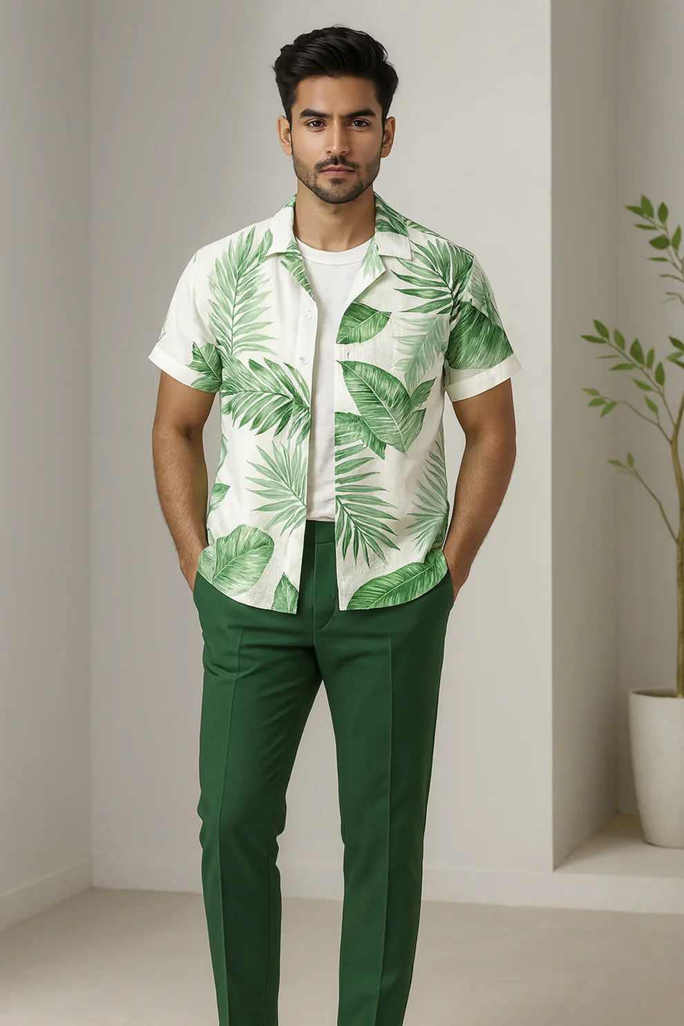Green Tropical Leaf Printed Shirt with White T-Shirt & Green Pants – Premium Casual Outfit Set