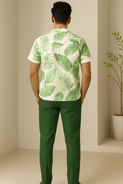 Green Tropical Leaf Printed Shirt with White T-Shirt & Green Pants – Premium Casual Outfit Set