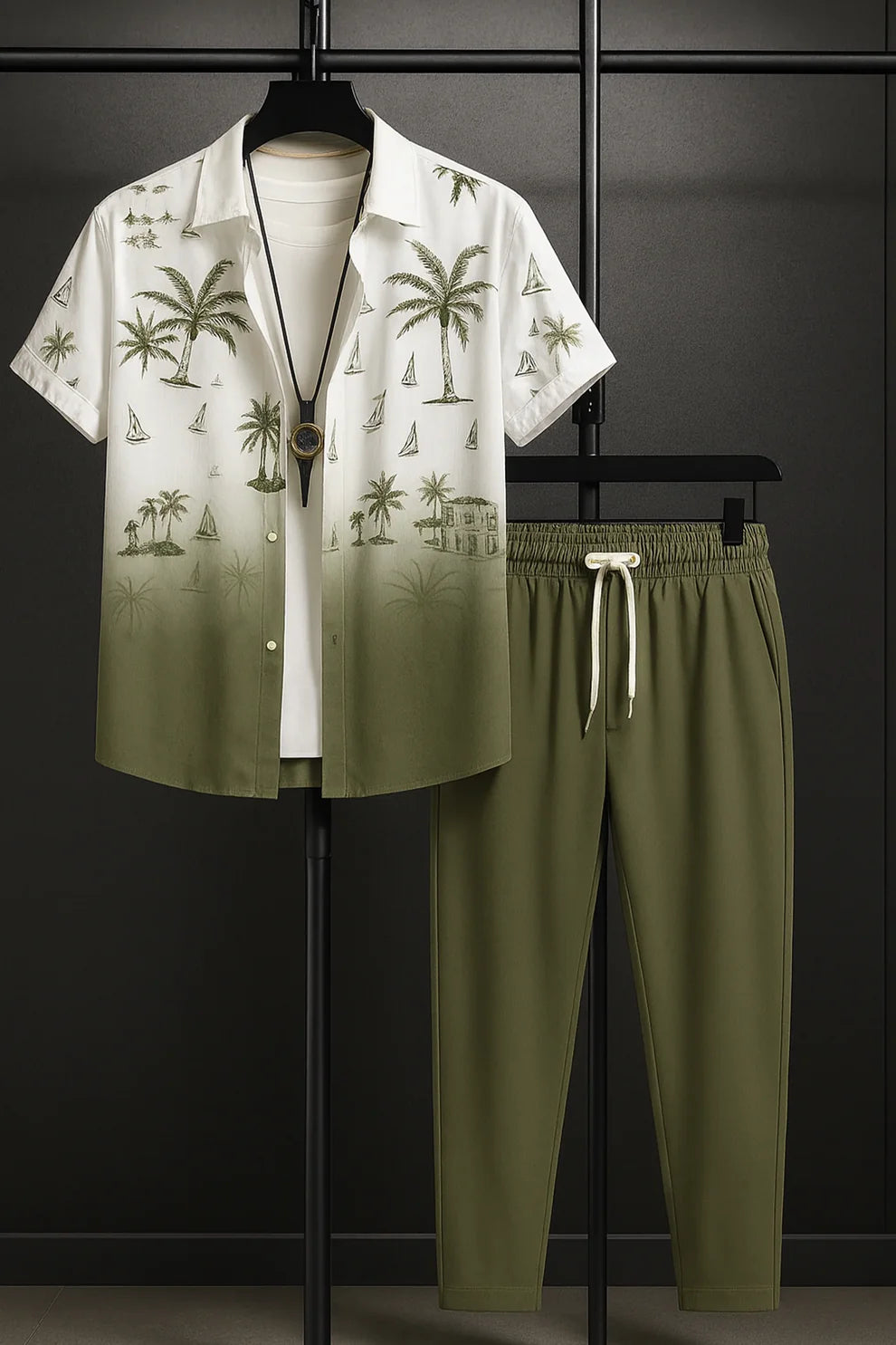 Green Shaded Palm Print Shirt & Olive Jogger Pants Set – Tropical Short Sleeve Co-Ord Outfit