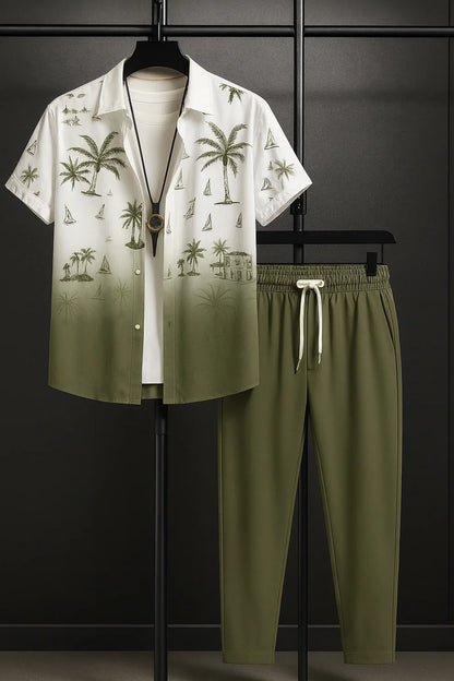 Green Shaded Palm Print Shirt & Olive Jogger Pants Set – Tropical Short Sleeve Co-Ord Outfit