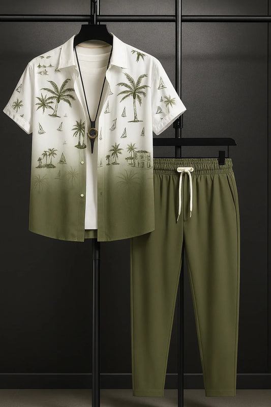 Green Shaded Palm Print Shirt & Olive Jogger Pants Set – Tropical Short Sleeve Co-Ord Outfit