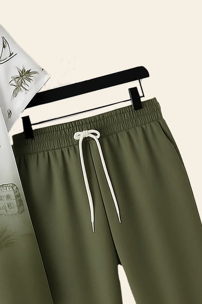 Green Shaded Palm Print Shirt & Olive Jogger Pants Set – Tropical Short Sleeve Co-Ord Outfit