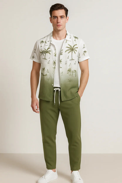 Green Shaded Palm Print Shirt & Olive Jogger Pants Set – Tropical Short Sleeve Co-Ord Outfit