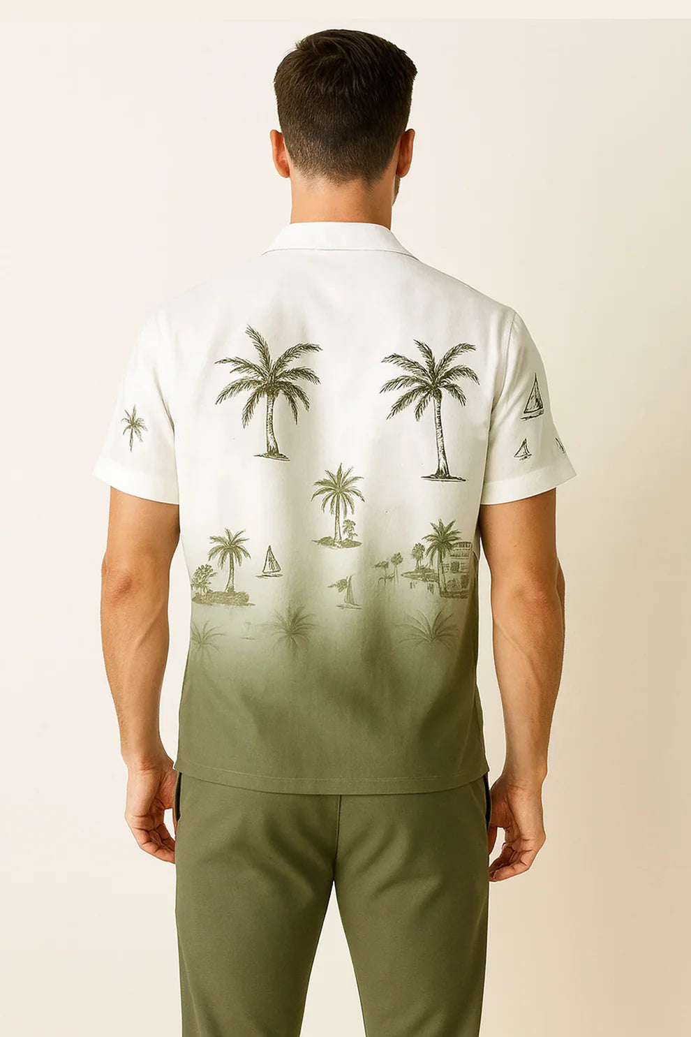 Green Shaded Palm Print Shirt & Olive Jogger Pants Set – Tropical Short Sleeve Co-Ord Outfit