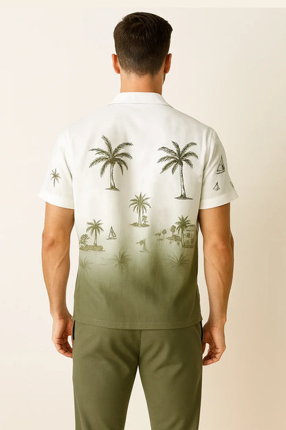 Green Shaded Palm Print Shirt & Olive Jogger Pants Set – Tropical Short Sleeve Co-Ord Outfit