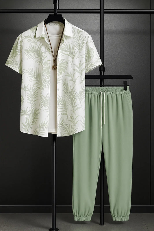 White Leaf Print Shirt with Sage Green Joggers – Premium Casual Co-Ord Outfit