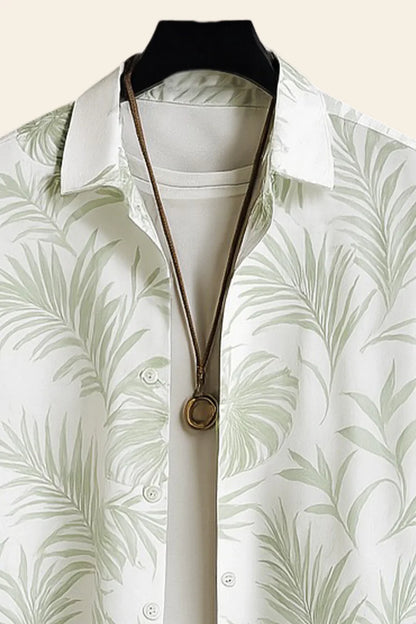 White Leaf Print Shirt with Sage Green Joggers – Premium Casual Co-Ord Outfit