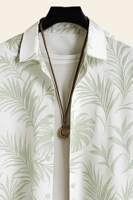 White Leaf Print Shirt with Sage Green Joggers – Premium Casual Co-Ord Outfit