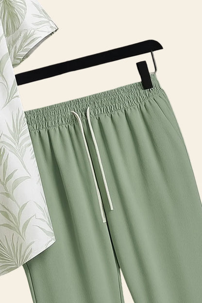 White Leaf Print Shirt with Sage Green Joggers – Premium Casual Co-Ord Outfit