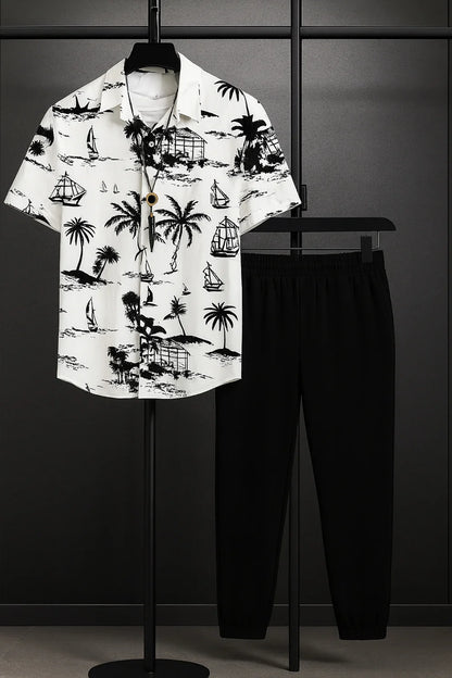 White Beach Print Shirt with Black Joggers – Premium Casual Outfit Set